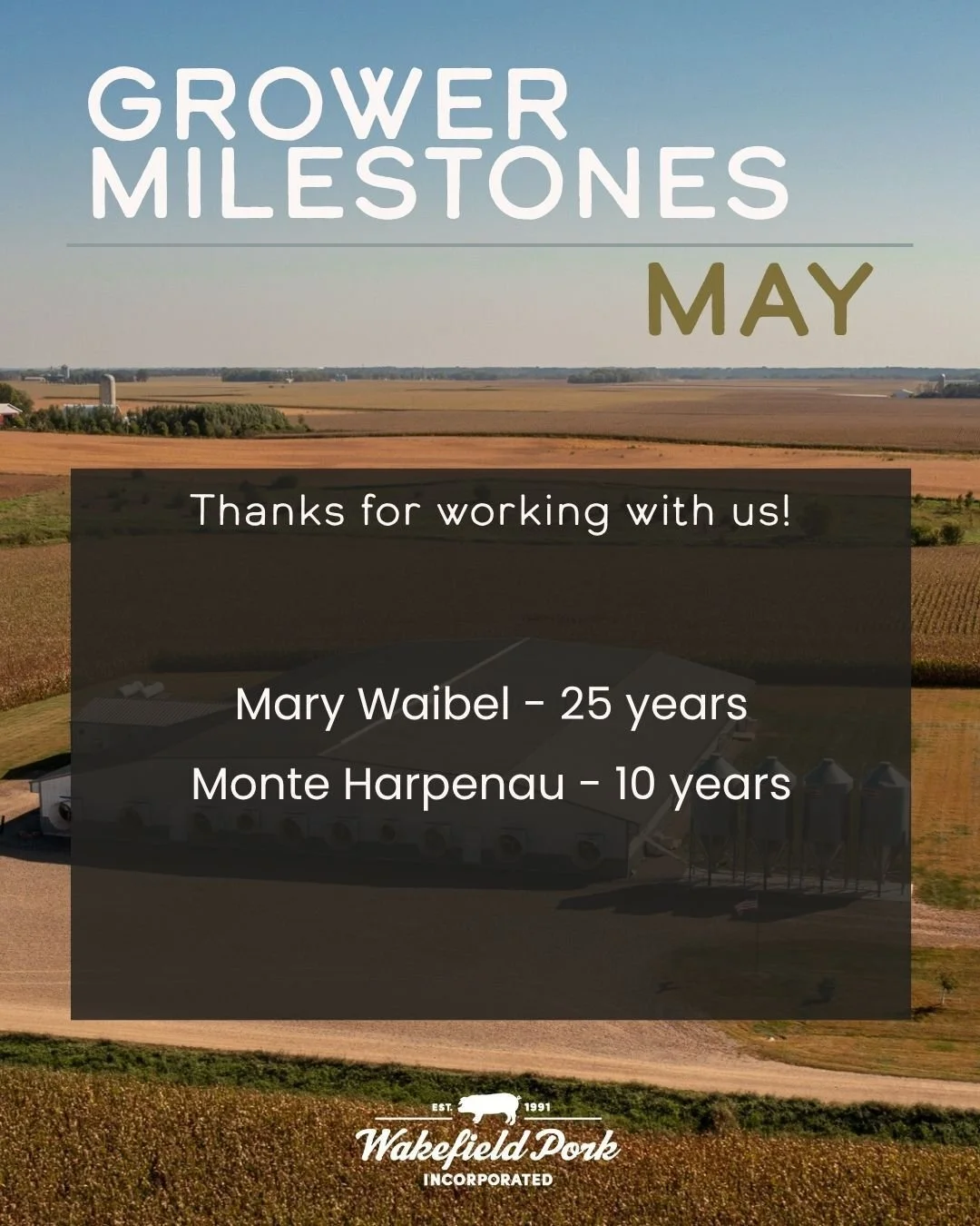 We are happy to recognize two growers reaching milestones of 3, 5, 10 and 15+ years with us this month. We are thankful for the dedication from both you and your families in helping raise quality pigs. Congratulations! 🎉 

#WakefieldPork #Dedication
