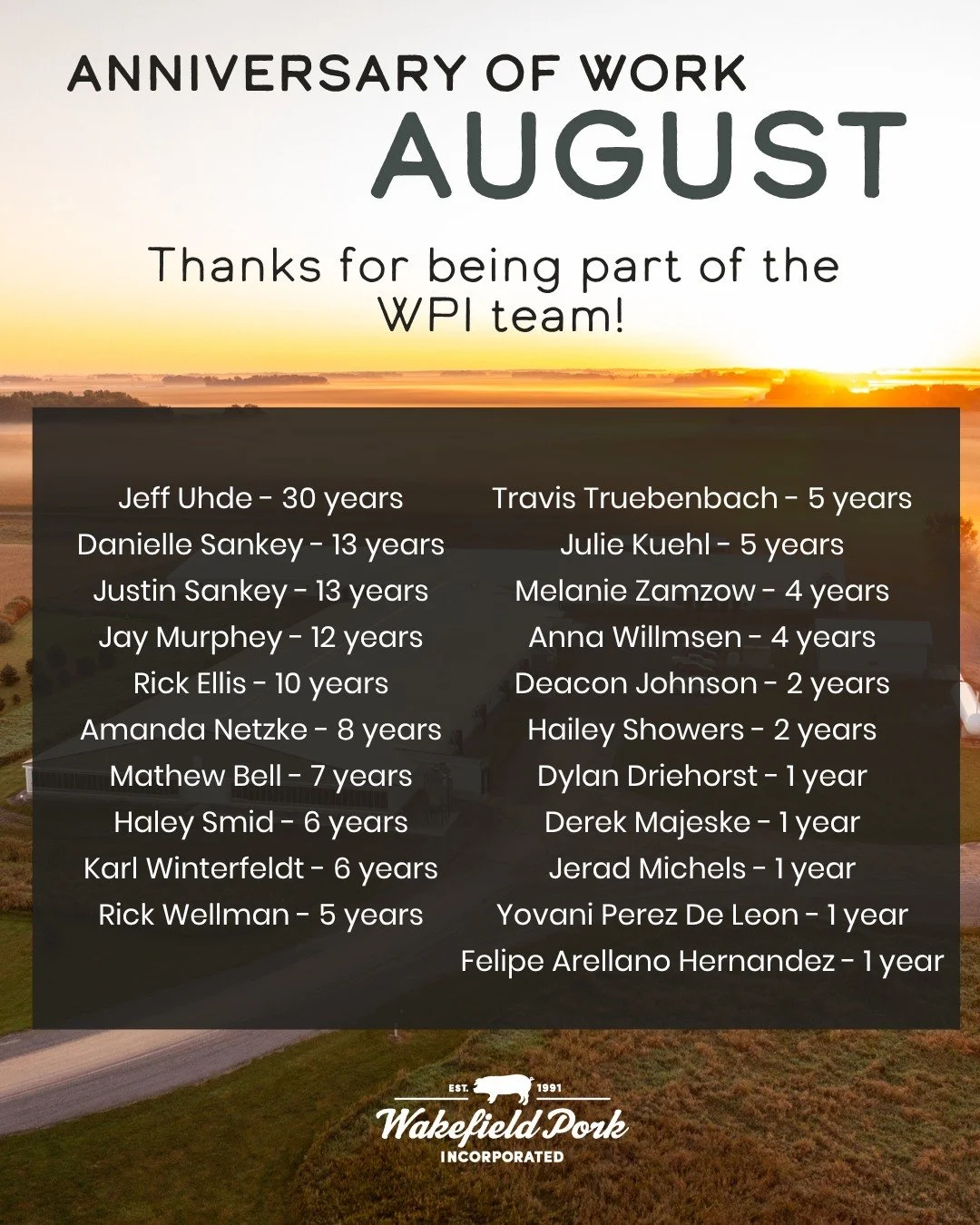 🌟Congratulations to these employees that have reached a work anniversary with us this month! We are thankful for their commitment to Wakefield Pork and to raising quality pigs! Great work, team!
#WakefieldPork #WorkAnniversary