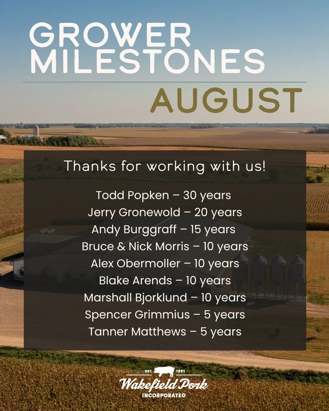 This month, we have several growers who have reached a milestone of years of partnership with us! 🐖 We appreciate the effort you and your families put into raising healthy pigs. Congratulations on your milestone!