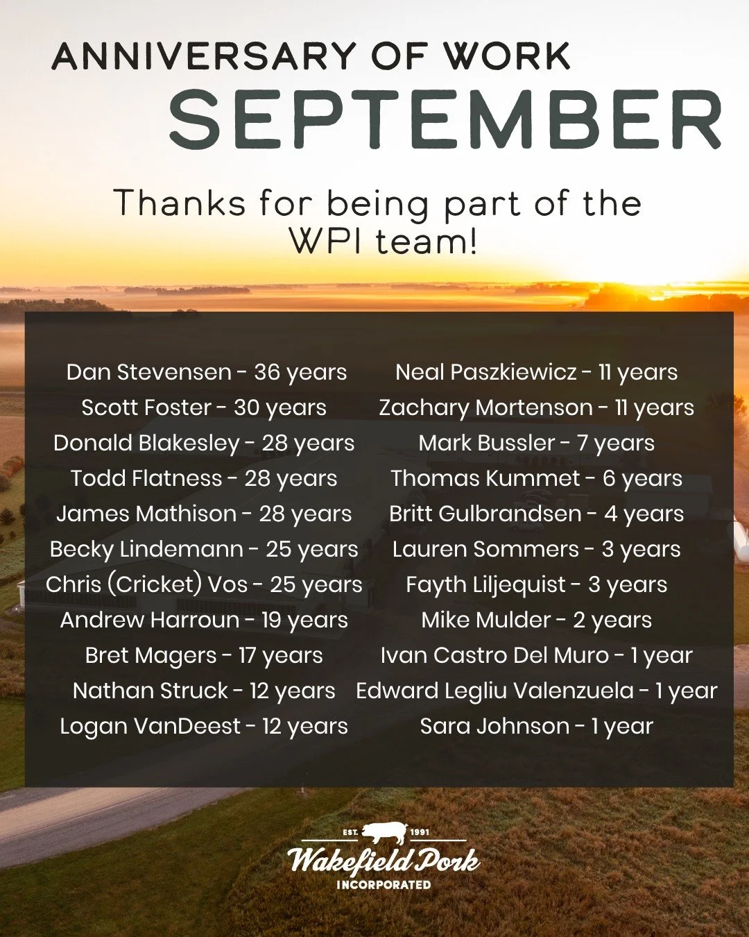 Another month of work anniversaries! 🌟 Thank you for your dedication to Wakefield Pork and raising healthy pigs! Help us congratulate these employees! 
#WorkAnniversaries #WakefieldPork