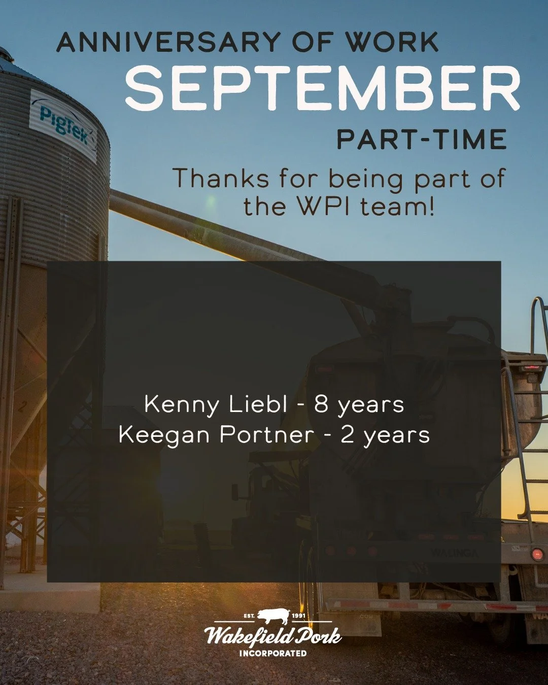 We are celebrating two part-time employees reaching work anniversaries in September! Thank you for working hard alongside our full-time crew to raise healthy and happy pigs! Congratulations to Kenny and Keegan! 🎉 

#WakefieldPork #WorkAnniversaries