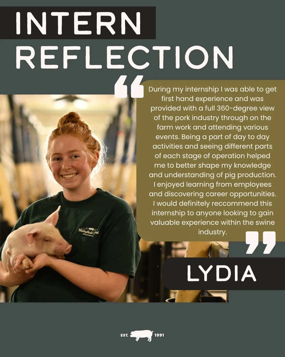 Next up in our intern reflections! Read what made Lydia Rose's summer with us memorable.

Thanks for being a part of the team last summer, Lydia!
Are you interested in interning with Wakefield Pork? Check out our opportunities here: https://www.wakef