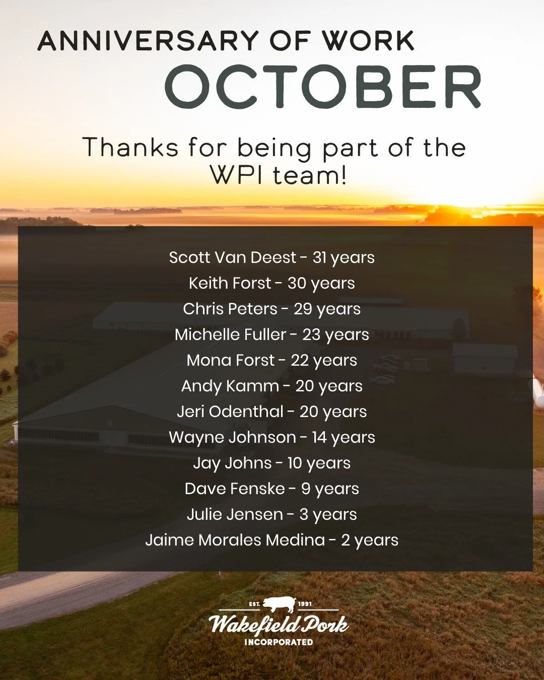 Congratulations to our employees reaching a work anniversary in October! 🎉 We are thankful for their dedication to raising healthy pigs and are happy to have them as a part of the Wakefield Pork team! Know anyone on this list? Help us congratulate t