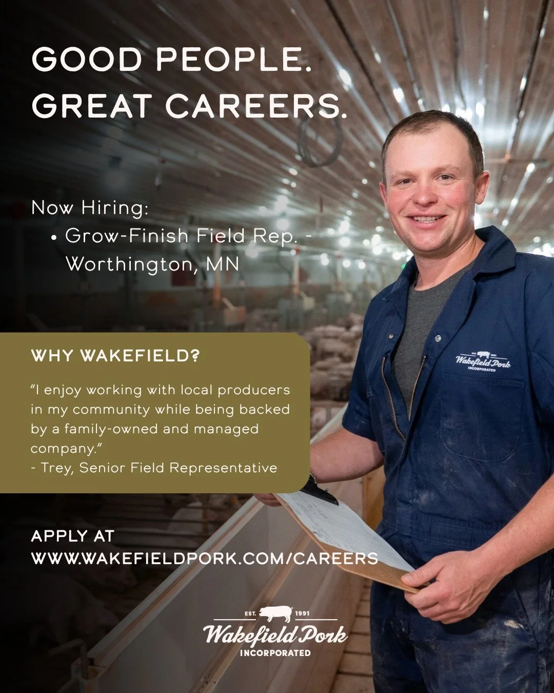 Looking for meaningful, hands-on work? We&rsquo;re hiring a Grow-Finish Field Representative in the Worthington, MN area!
Come grow with us! https://www.wakefieldpork.com/careers
#wearehiring #WakefieldPork #agjobs