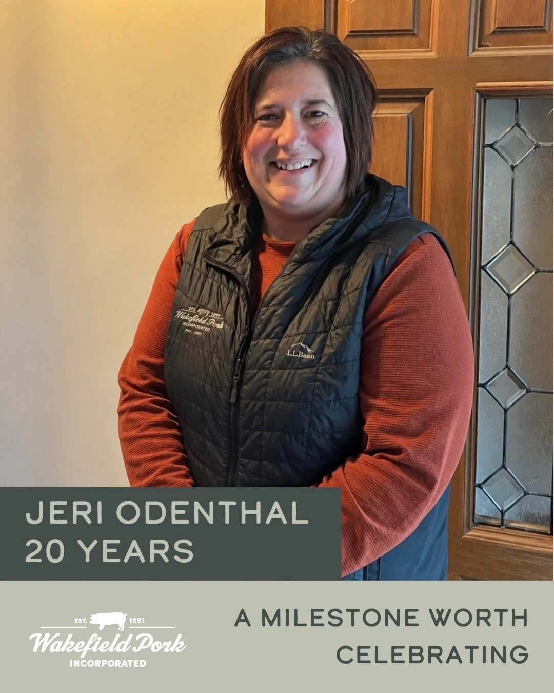 🎉 Celebrating 20 years with Wakefield Pork!
Please help us congratulate our Supply Technician, Jeri Odenthal for 20 years of service with us!

"After 20 years at Wakefield Pork, what I enjoy most is the people. I am grateful for the friendships
