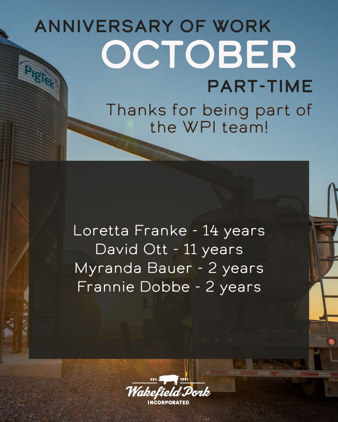 We are giving a shoutout to four of our part-time employees reaching work anniversaries with us this month! We are grateful for their extra help, whether it is pig care, deliveries, or weekend support. Thanks for being part of our team!🎉 

#Wakefiel