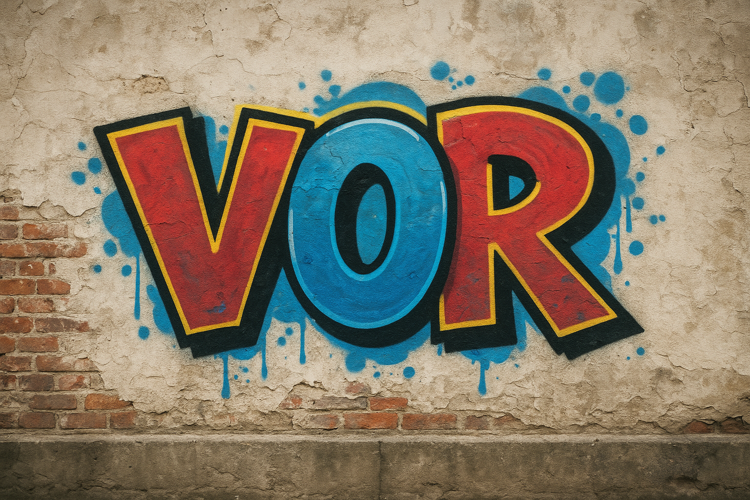 Colorful street art graffiti on a wall spelling out the word "VOR" with a red "V" and "R" and a blue "O" in the center, surrounded by blue paint splatters.