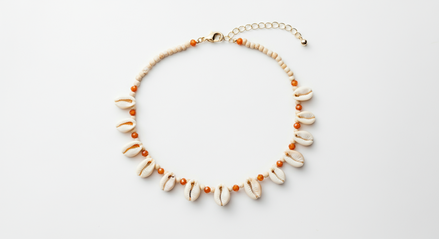 Beaded shell and orange necklace with adjustable chain and clasp, arranged in a circle on a white background.