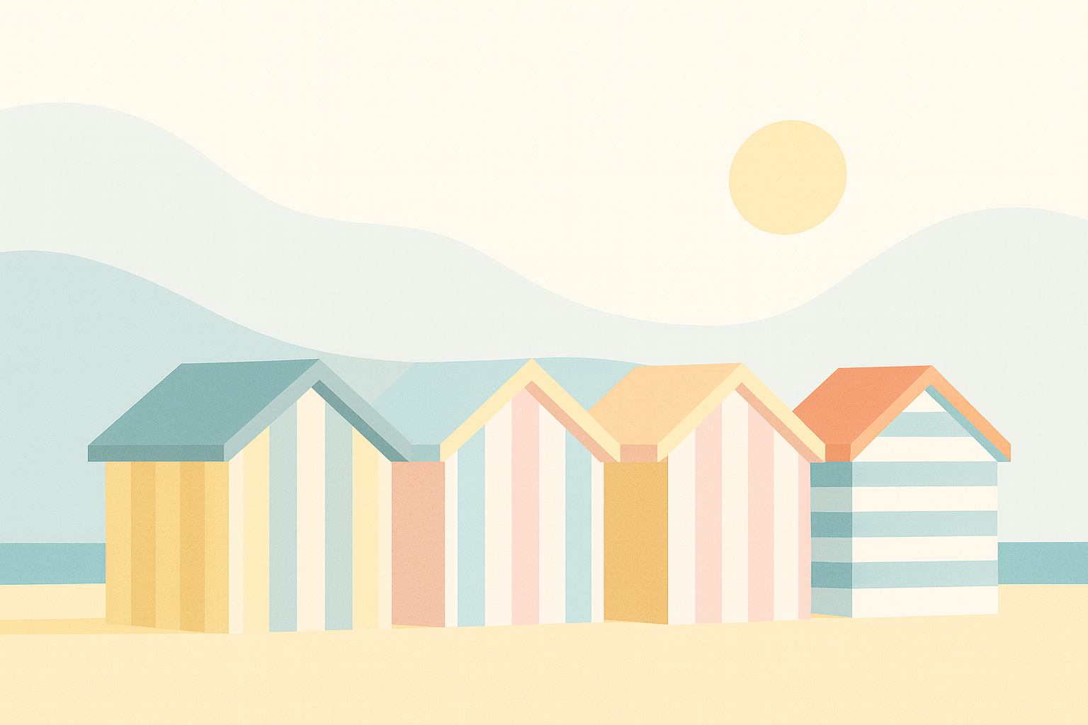 Colorful beach huts with striped and solid designs, set against a backdrop of mountains and a sun in the sky.