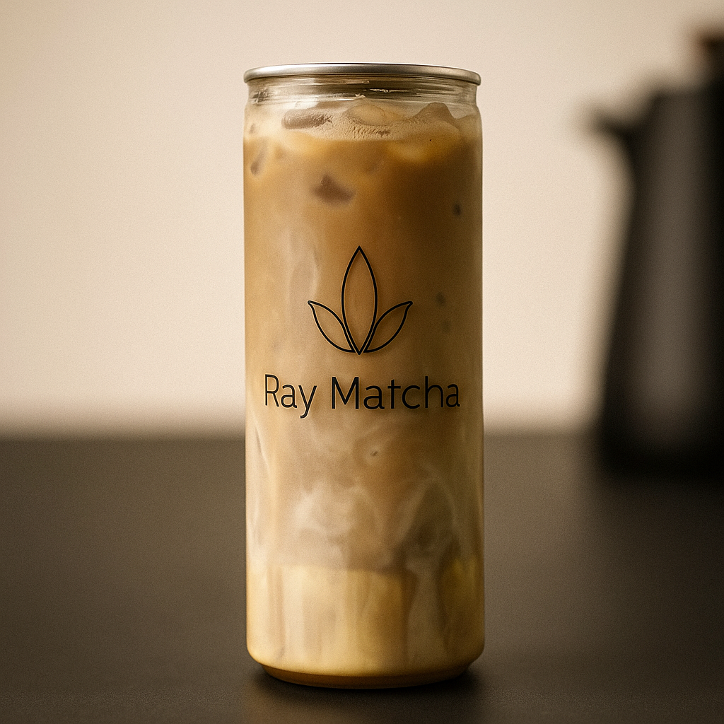 Eine Dose mit den Aufdruck 'Ray Matcha', daneben ein dunkler Gegenstand im Hintergrund, auf einer dunklen Oberfläche.