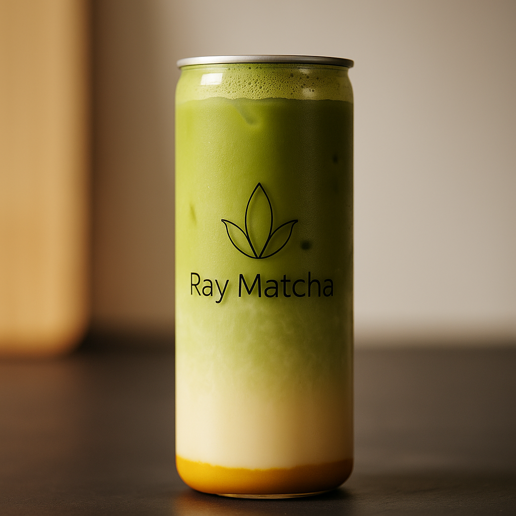 Ein kaltes Getränk in einer Dose mit der Beschriftung 'Ray Matcha', das eine Schichtung von weißen, grünen und gelben Farben zeigt.