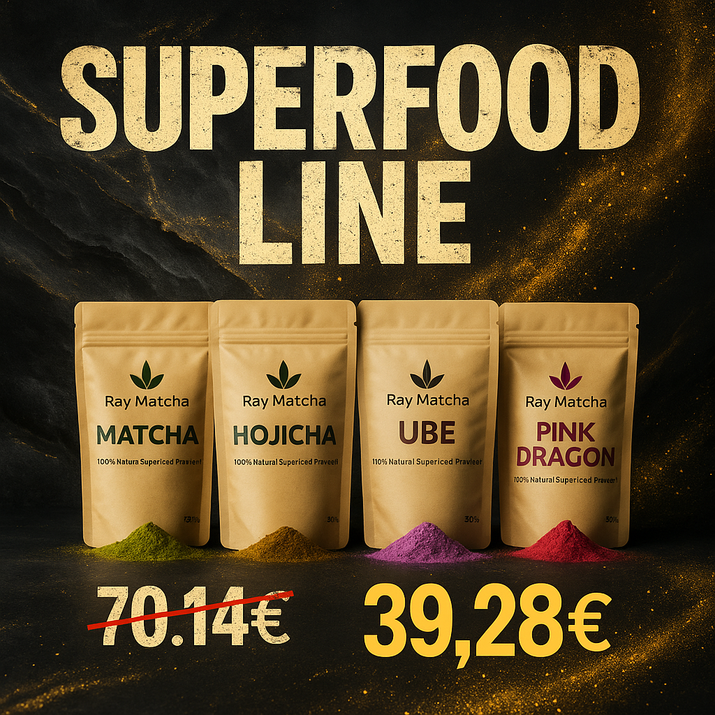 Werbeanzeige für Superfood-Pulver mit vier Packungen Matcha, Hojicha, Ube und Pink Dragon, darunter die alten und neuen Preise, auf schwarzem Hintergrund mit goldener Staub-Textur.