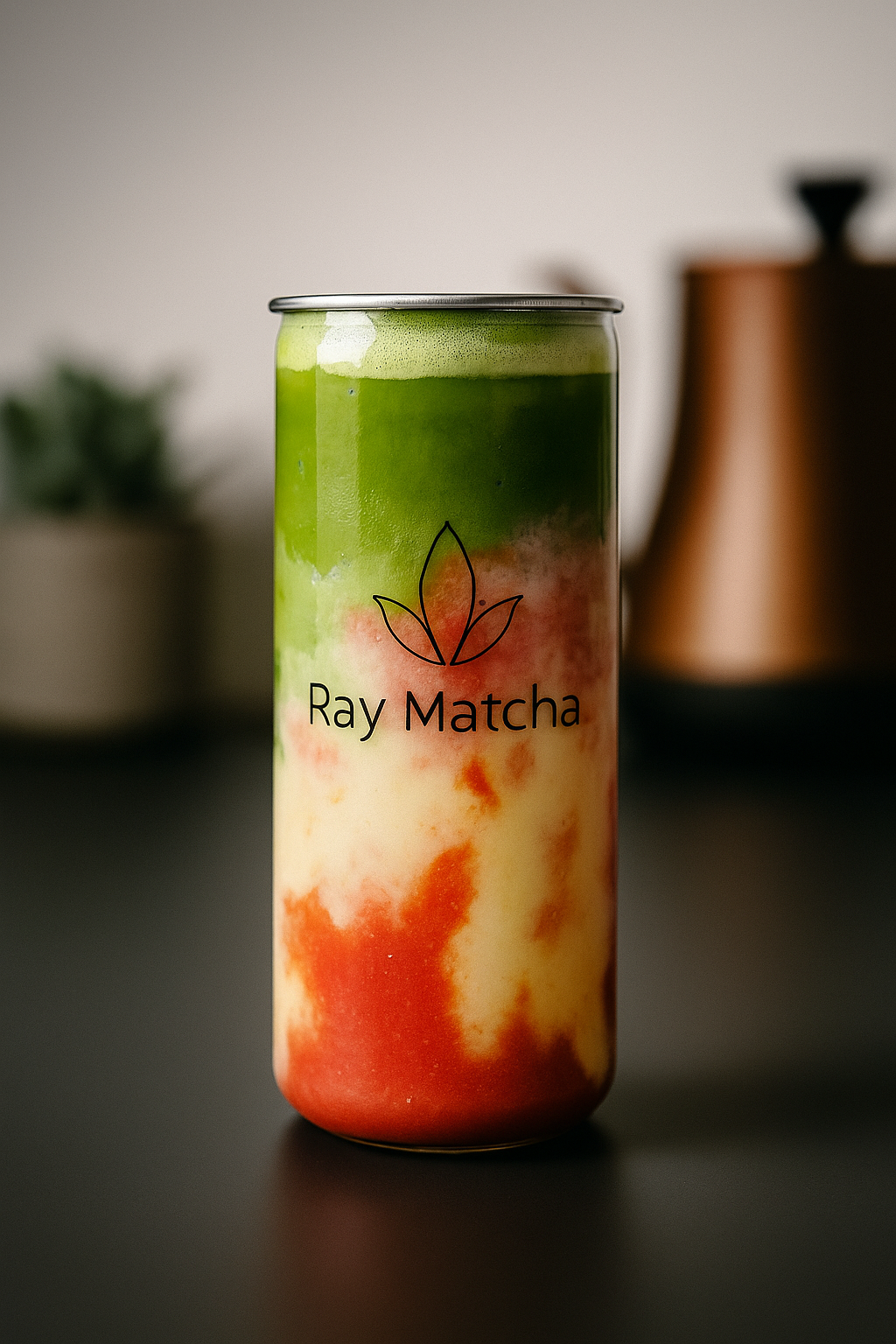 Dosen mit Ray Matcha in verschiedenen Farbschichten, grün oben, rot, weiß und gelb unten, mit einem Blätter-Logo und dem Text 'Ray Matcha' auf der Verpackung.