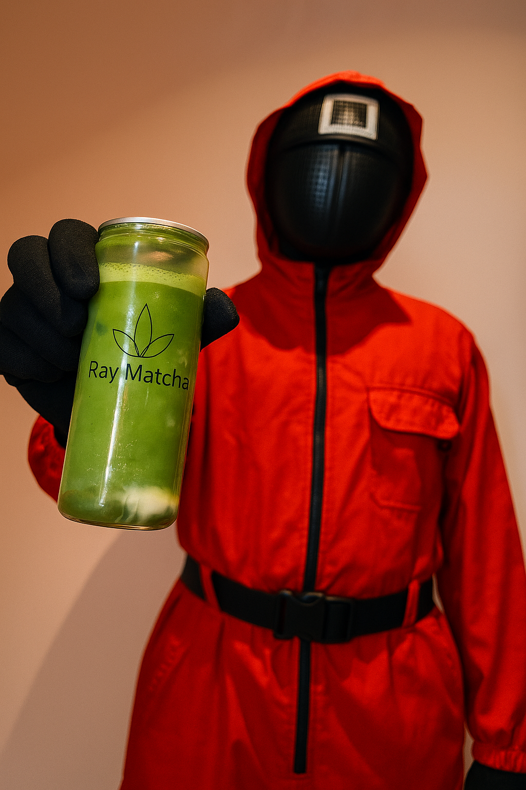 Eine Person in rotem Schutzanzug und schwarze Maske hält eine grüne Getränkedose mit der Aufschrift 'Ray Matcha'.