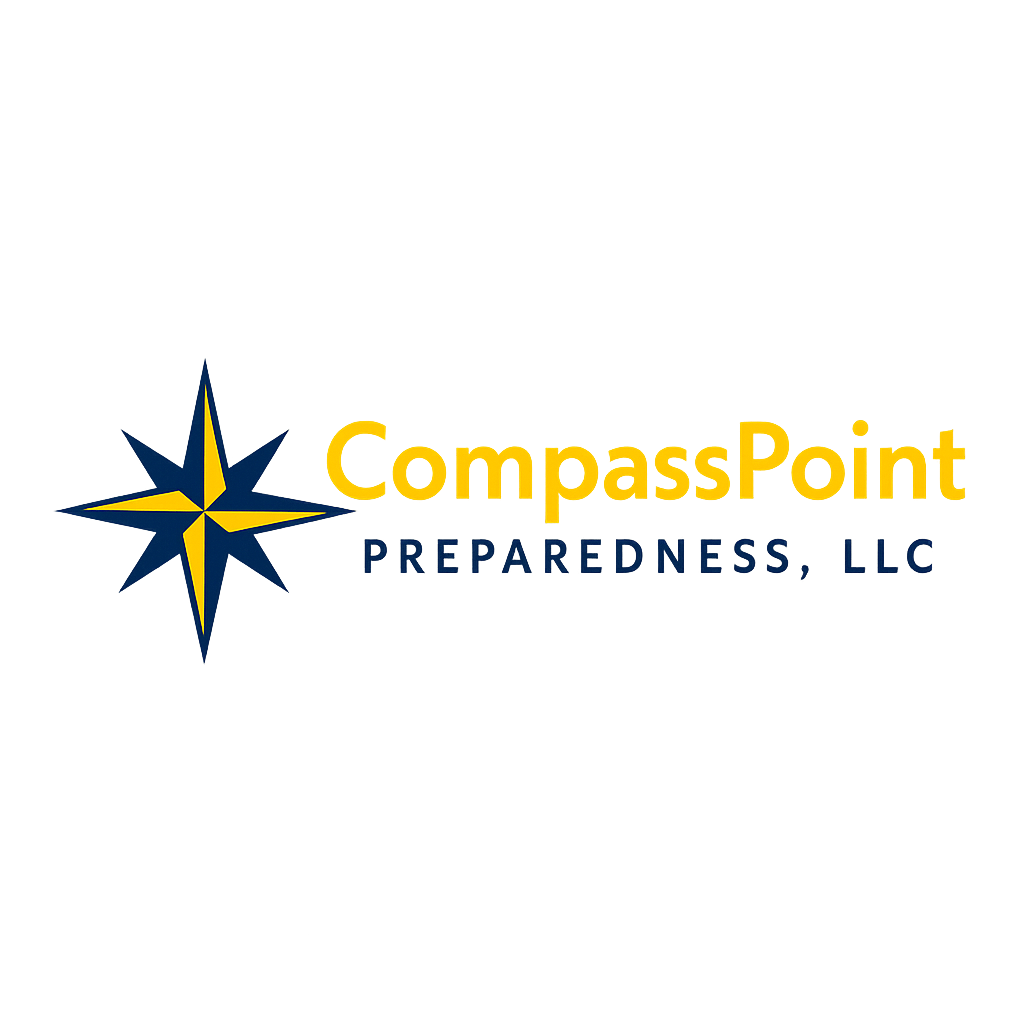 Logo for On Point Preparedness, LLC, featuring a blue and yellow compass star and the company name in yellow and blue text.