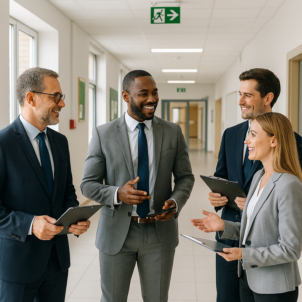 A diverse group of five professionals, three men and two women, are having a conversation in a brightly lit office hallway, smiling and holding tablets.