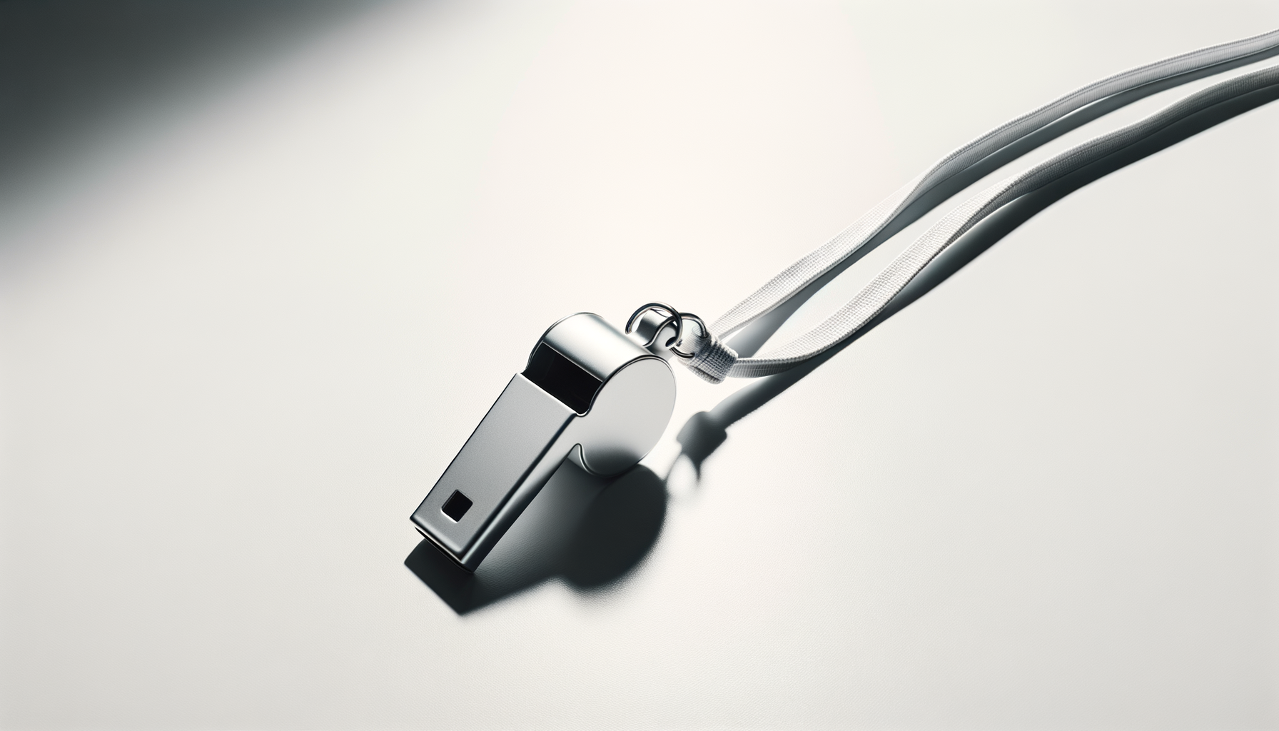 A silver whistle attached to a white lanyard resting on a white surface.