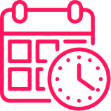 Pink calendar icon with a clock overlay.