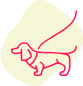 Pink outline of a dog with a curly tail, facing downward, on a white background.