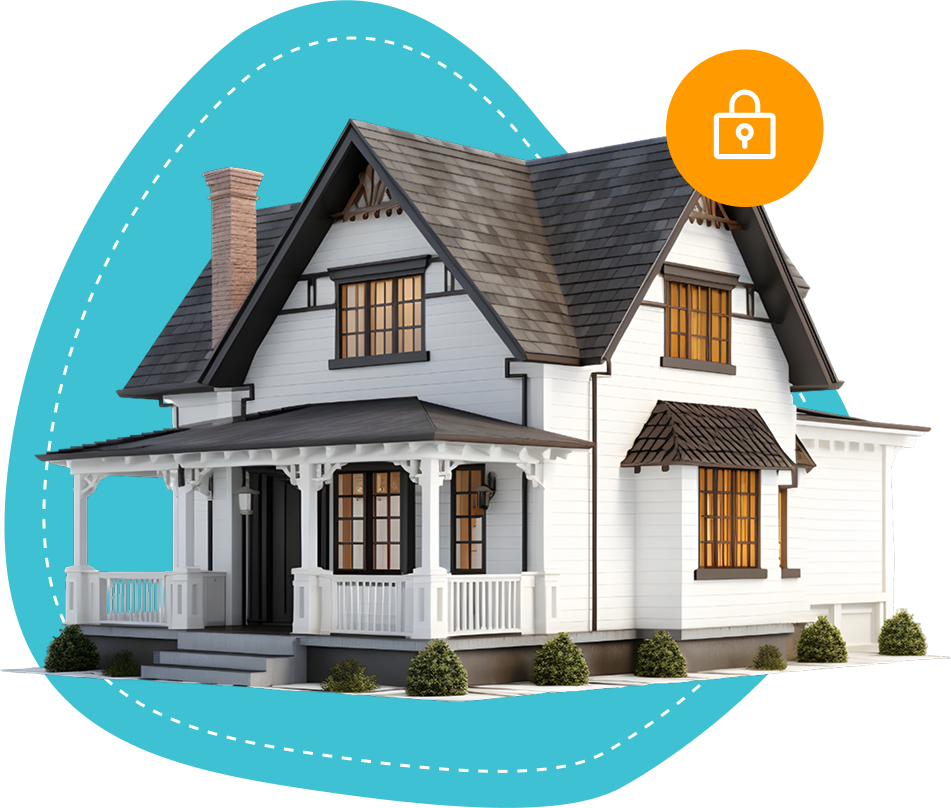 A white two-story house with a front porch, black shutters, and a gabled roof. The house has a chimney and landscaped bushes in front.