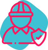 Outline of a person wearing a safety helmet and holding a shield with a checkmark.