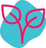 Stylized pink plant with two leaves against a blue circle background