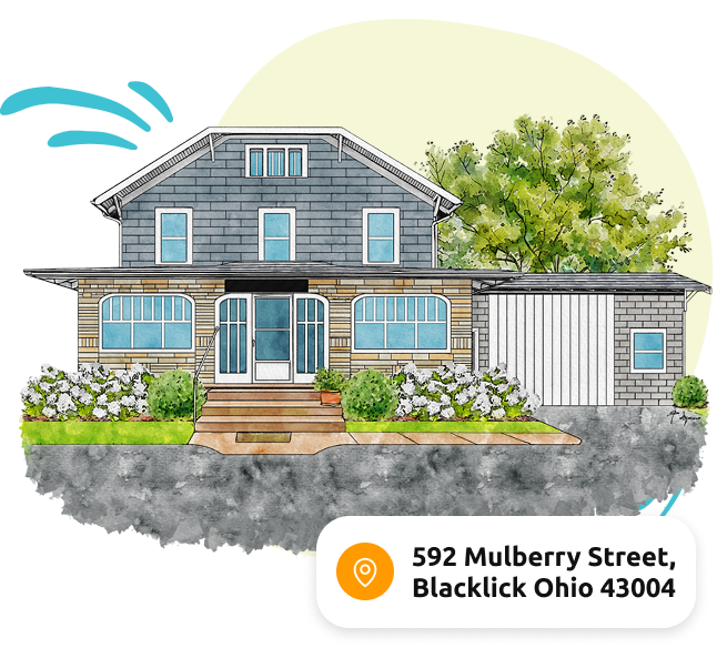 A house with gray shingle siding, a covered front porch, and a garage, surrounded by flowers and greenery, with a tree in the background, and an address label at the bottom indicating 592 Mulberry Street, Blacklick Ohio 43004.