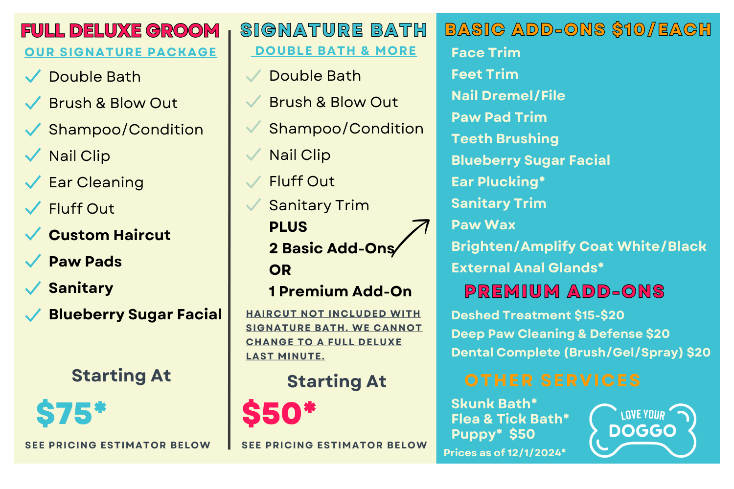 Dog grooming service menu with packages and add-ons, divided into three sections: Full Deluxe Groom, Signature Bath, and Basic Add-Ons. Pricing starts at $75 for the deluxe groom and $50 for the signature bath, with a list of grooming services and special offers.