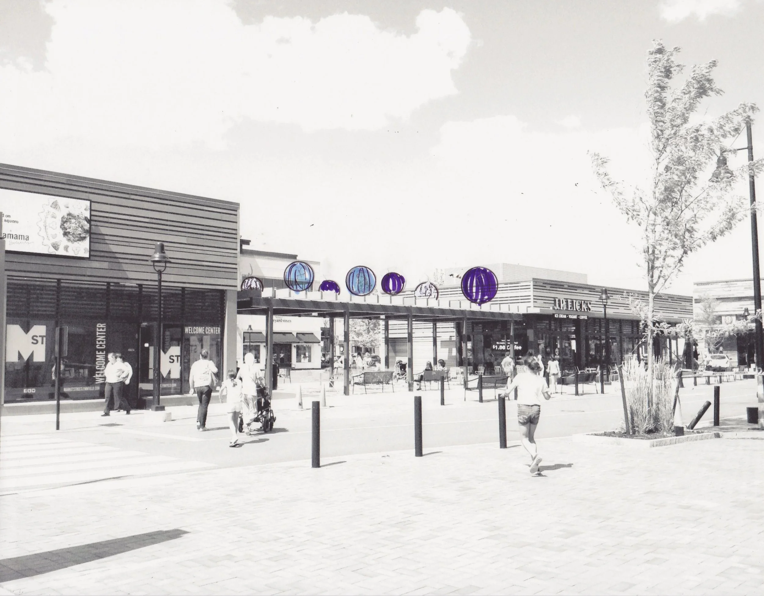 A shopping mall entrance with people walking outside, decorated with hanging purple and blue lanterns, and a large tree on the right side.