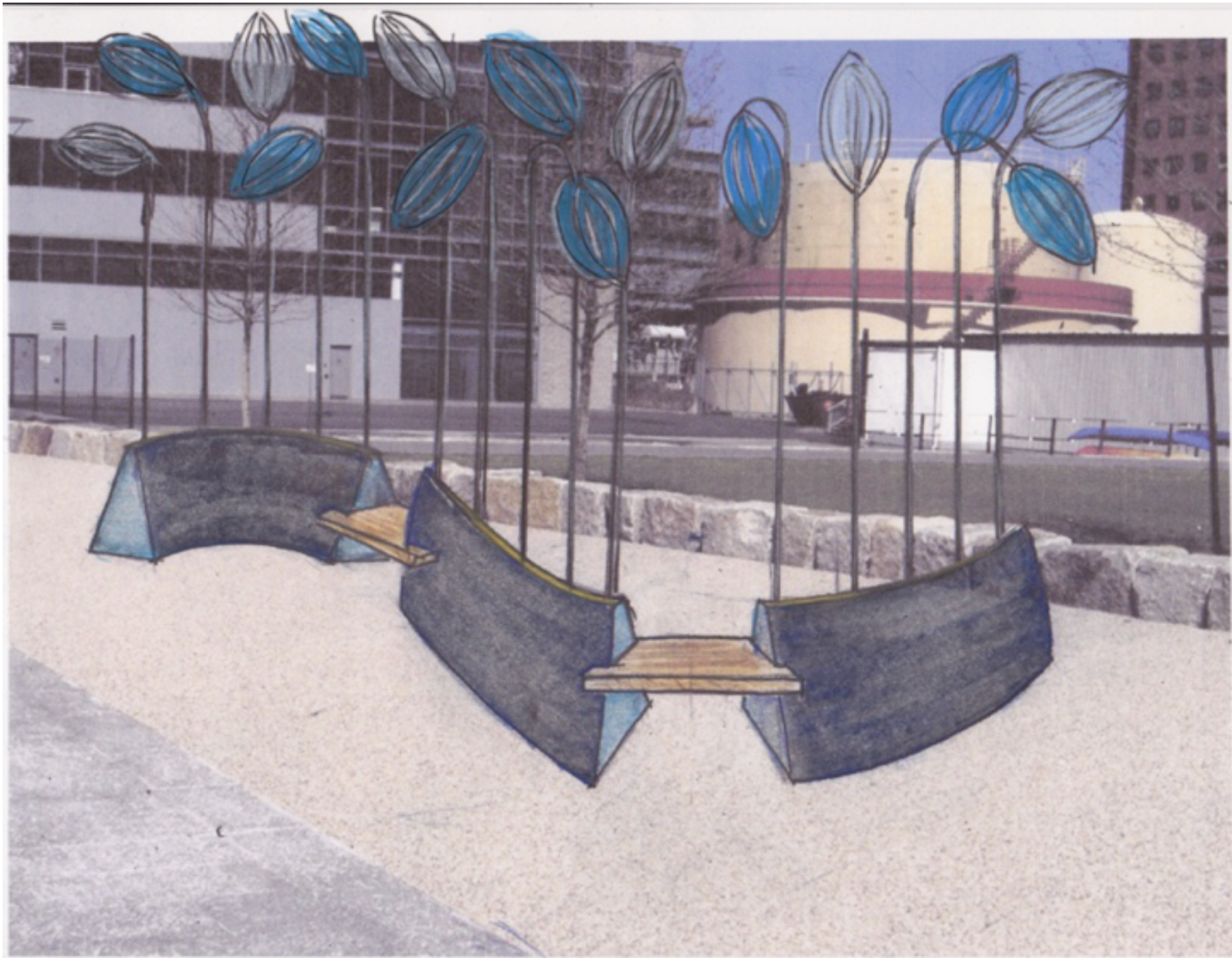 Public park with artistic seating and vertical metal sculptures resembling flowers or leaves, featuring blue and black coloring, with a large building in the background.