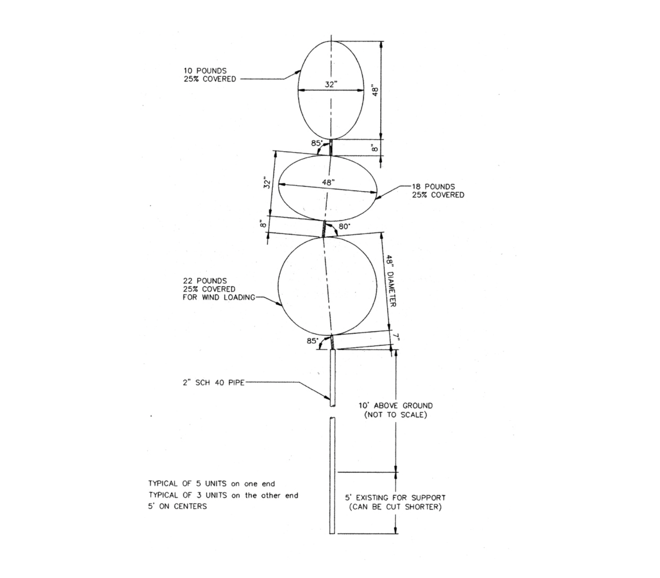 Technical diagram of a wind turbine, showing three interconnected spherical components with details about weights, diameters, angles, and construction notes.