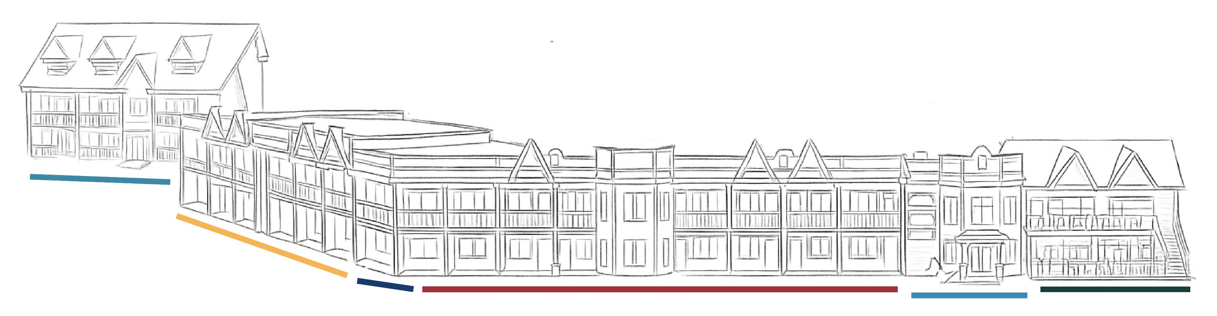 Line drawing of a multi-unit residential building with varied rooflines and balconies, with color-coded lines underneath.