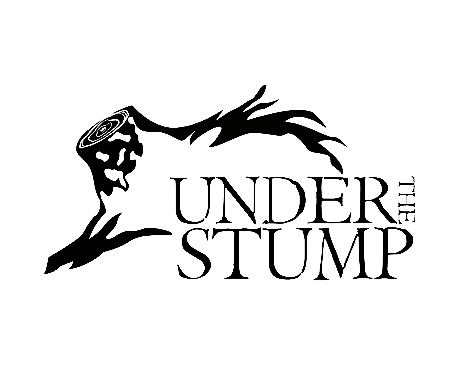 A black and white logo for Under the Stump featuring a stylized tree with a circular saw blade in the centered top of the tree and the words "Under the Stump" next to it.
