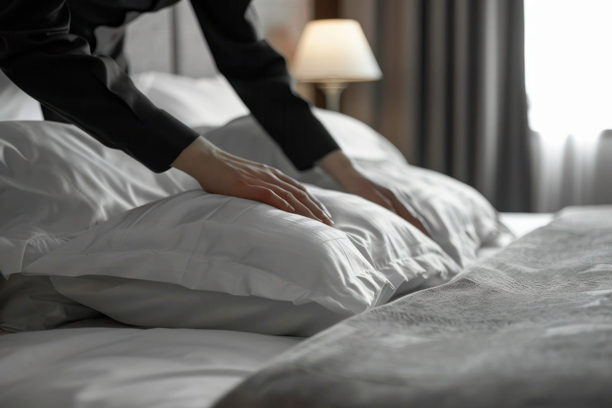 Person making the bed with white pillows and sheets in a bedroom with a bedside lamp and curtains.