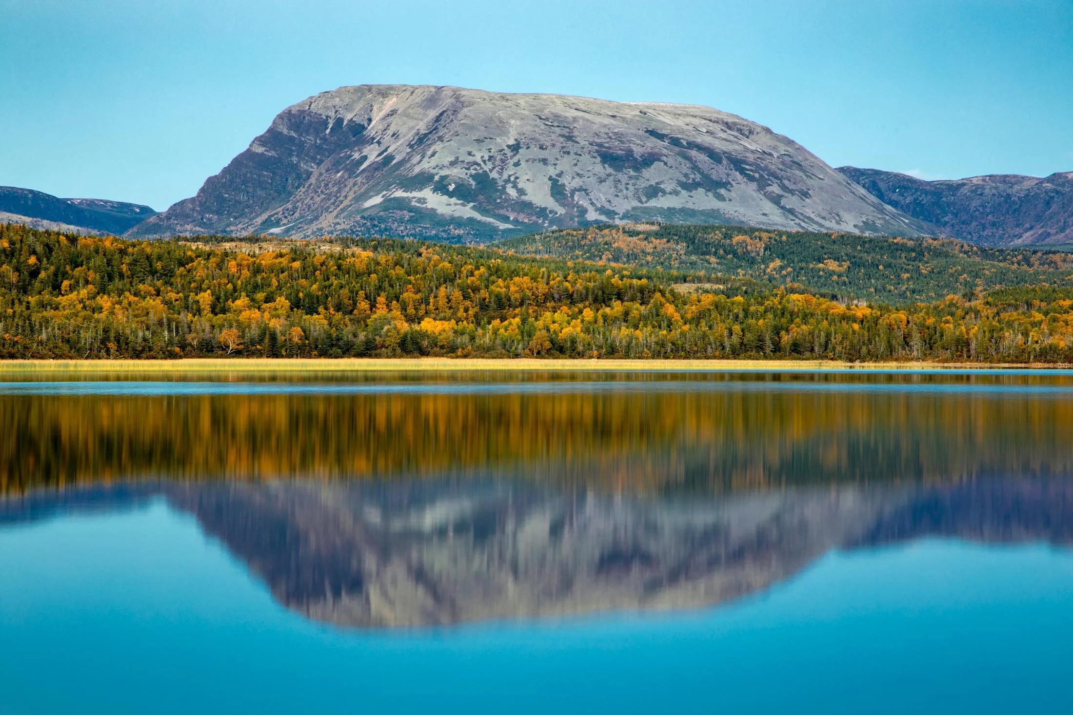 A mountain with a forest at its base and a lake in the foreground reflecting the mountain and trees.