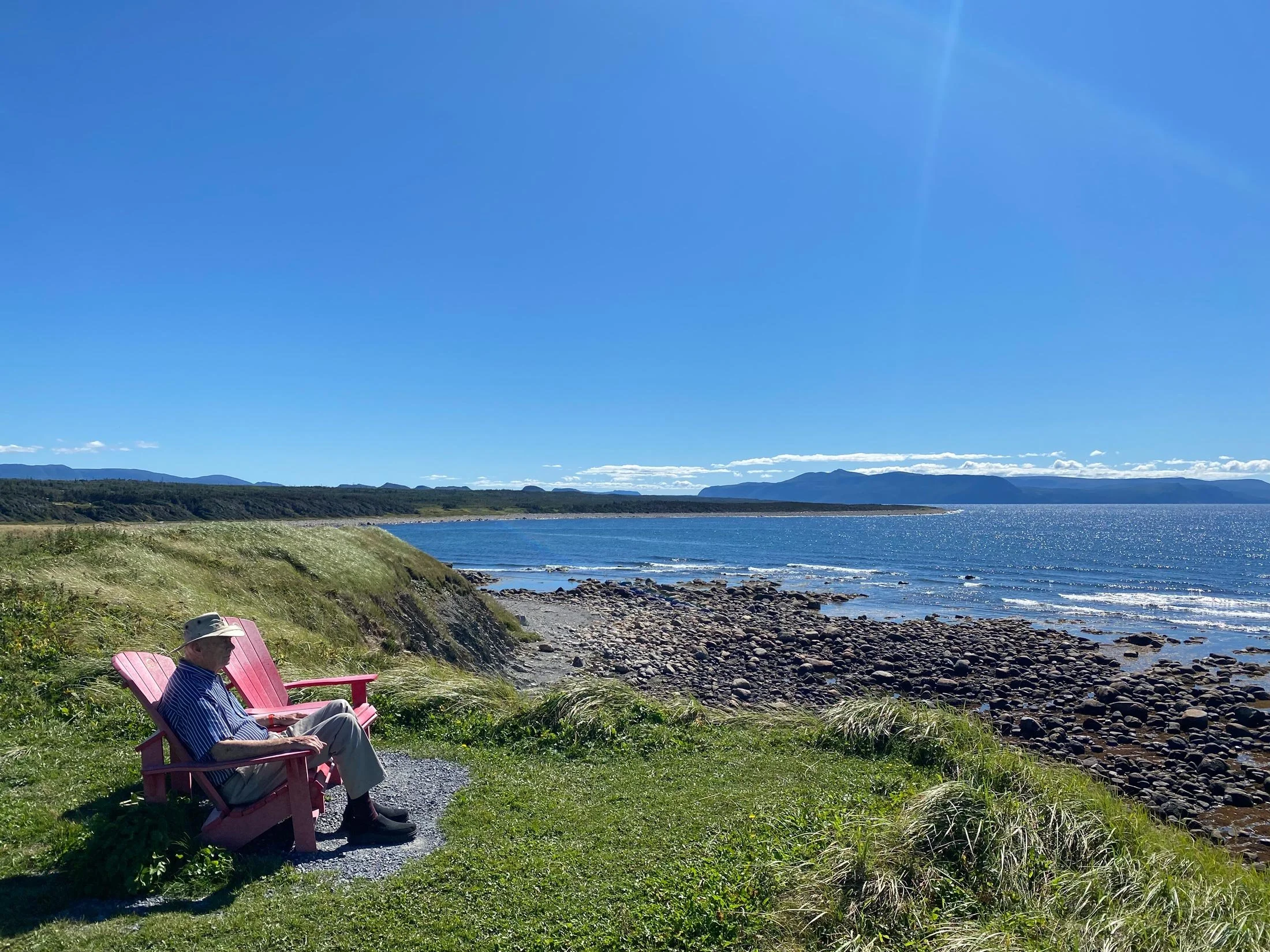 An elderly man wearing a hat and striped shirt sitting on a pink bench near the water, overlooking the ocean with a rocky shoreline and green grassy area under a clear blue sky.