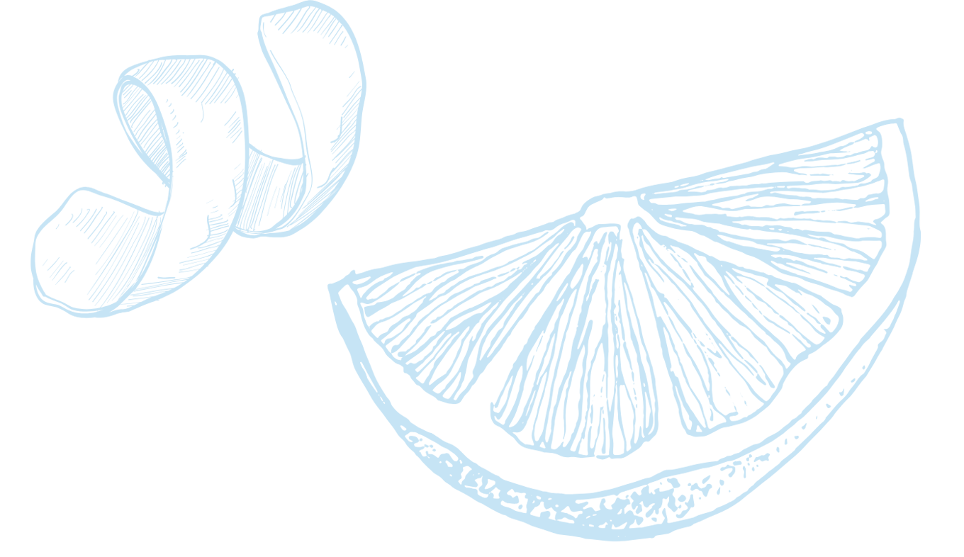Line drawing of orange slices and a peeled tangerine.