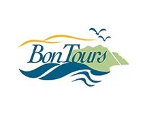 Bon Tours logo featuring waves, a seagull, and a landscape with a hill.