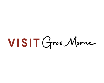 Logo with the text 'Visit Gros Morne' in red and black font on a white background.