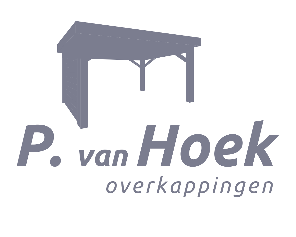 Logo van P. van Hoek, overkappingen met een schets van een overkapping erboven en de tekst 'P. van Hoek overkappingen'.