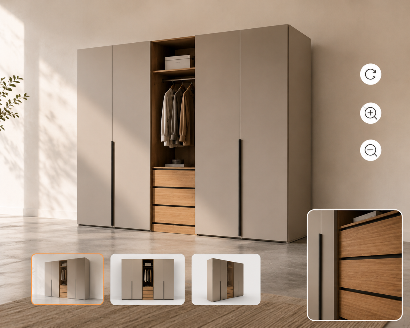 Een moderne kast met vier deuren, waarvan één open is, met een legplank met jassen, en vier laden. Het interieur van de kast is van licht hout.
