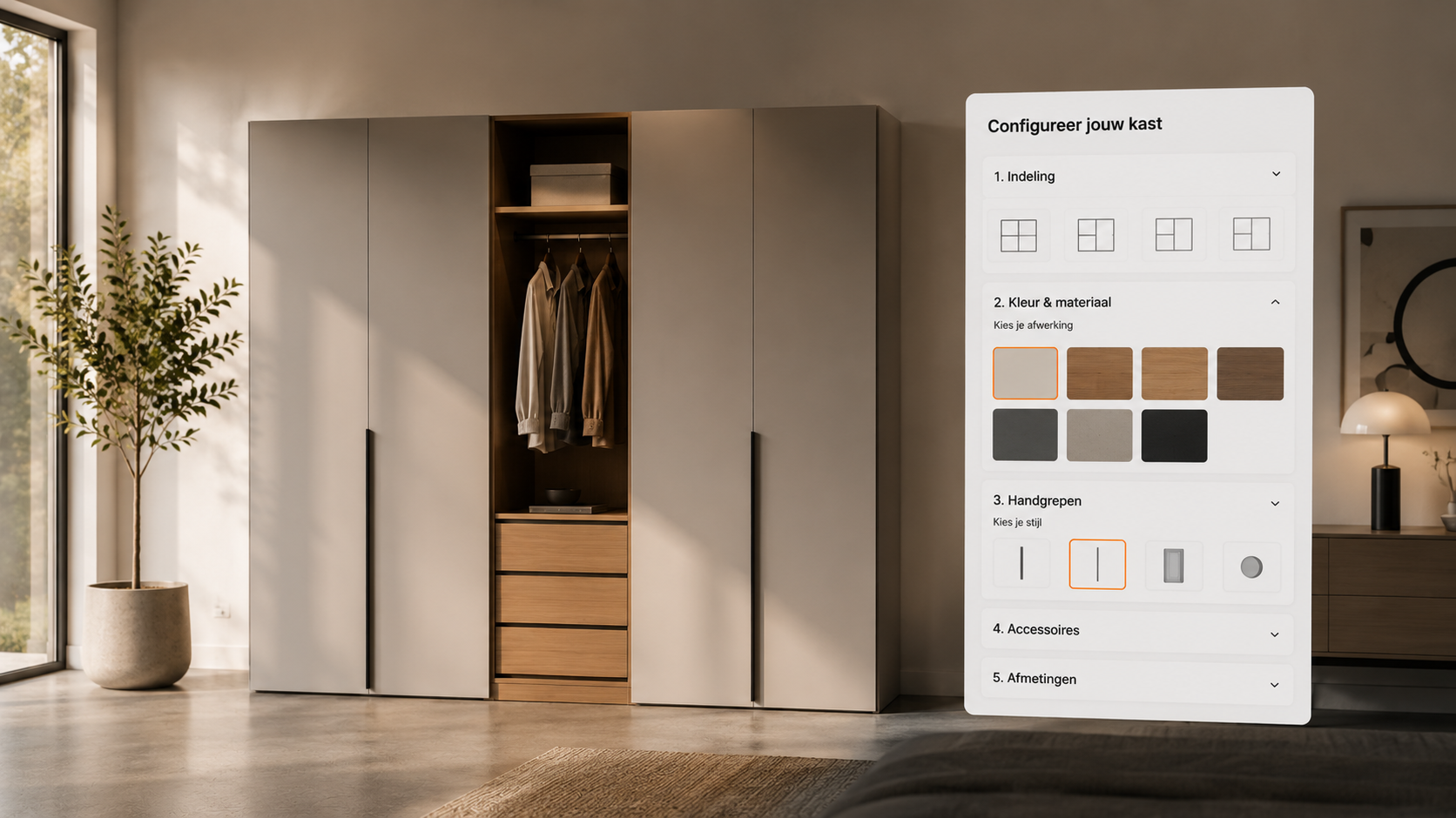 Droomkast met open vakken met kleding, lades en een klimrek, in een modern ingericht kamer met grote ramen en een plantenpot.