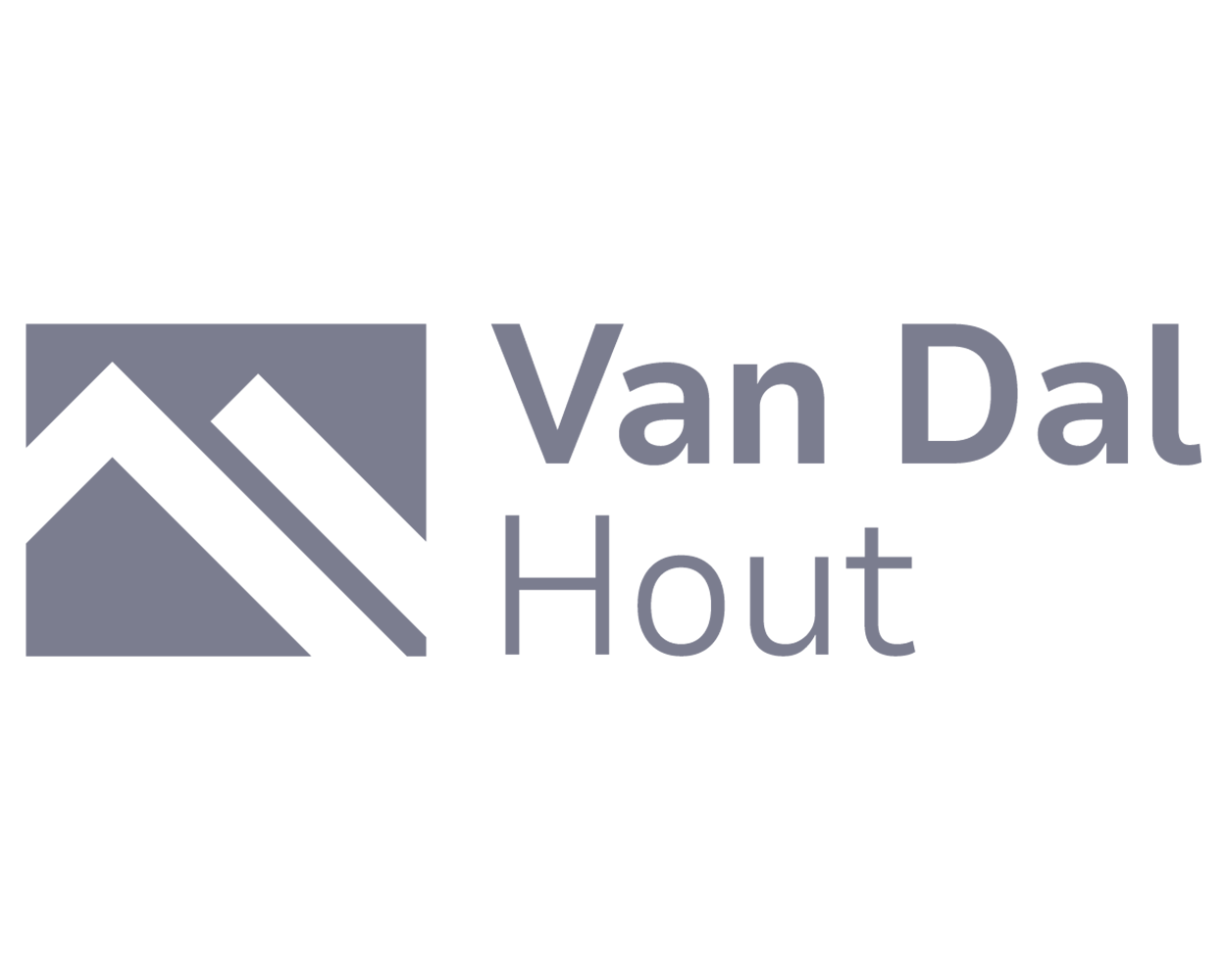 Logo van Van Dal Hout, kenmerken houtblokken en drie omhoog wijzende pilaren in grijstinten