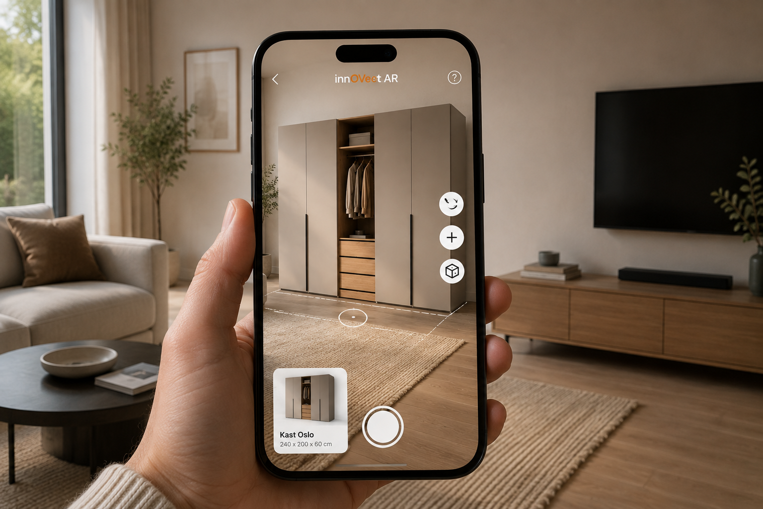 Een hand houdt een smartphone die een augmented reality app toont waarin een kast wordt geprojecteerd in een woonkamer.