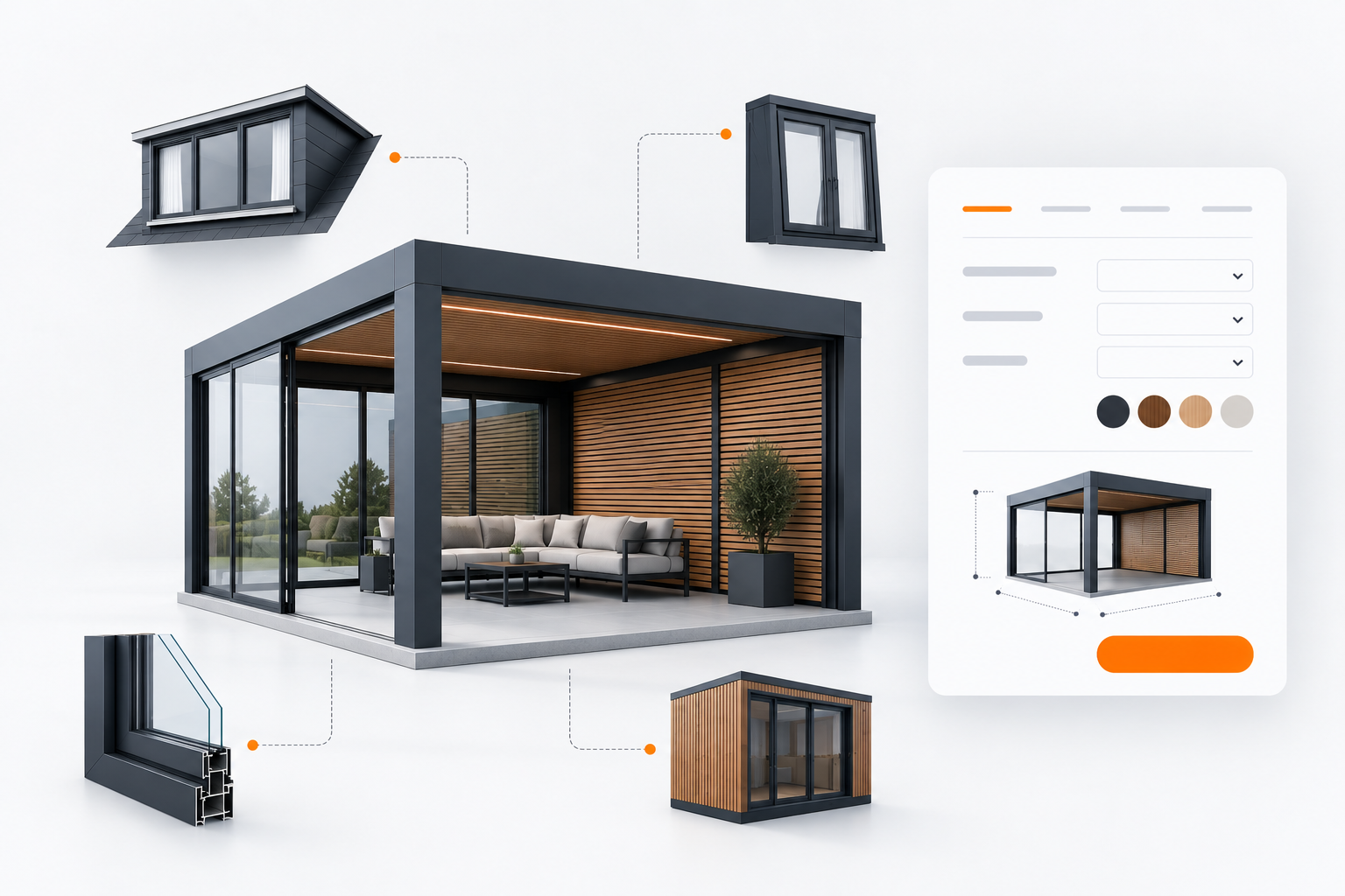 Een modern huis met grote glazen schuifdeuren, een houten terras en een loungebank, met verschillende bouwkundige details en verduisteringsroedes. Op de rechterkant een ontwerpapp met opties voor kleuren en vormen van de bouw. Bovenaan twee kleine dakkapellen met ramen.