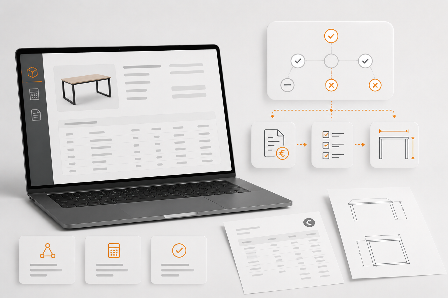 Laptop met een online meubelwinkel op het scherm, omringd door documenten en diagrammen met grafieken en meetgegevens voor een tafel.