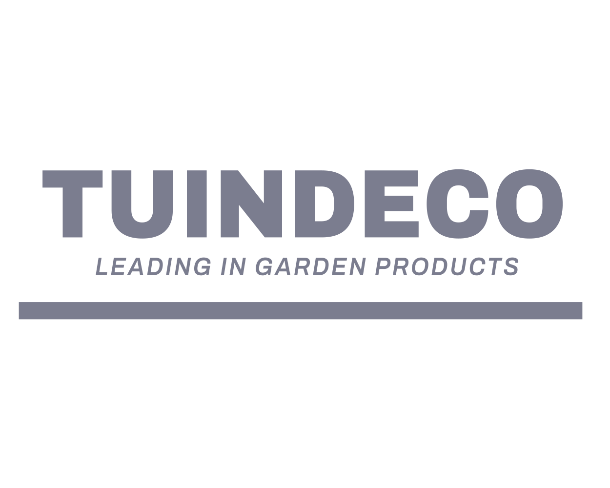 Logo van Tuindeco met de tekst 'Leading in Garden Products' op een zwarte achtergrond.