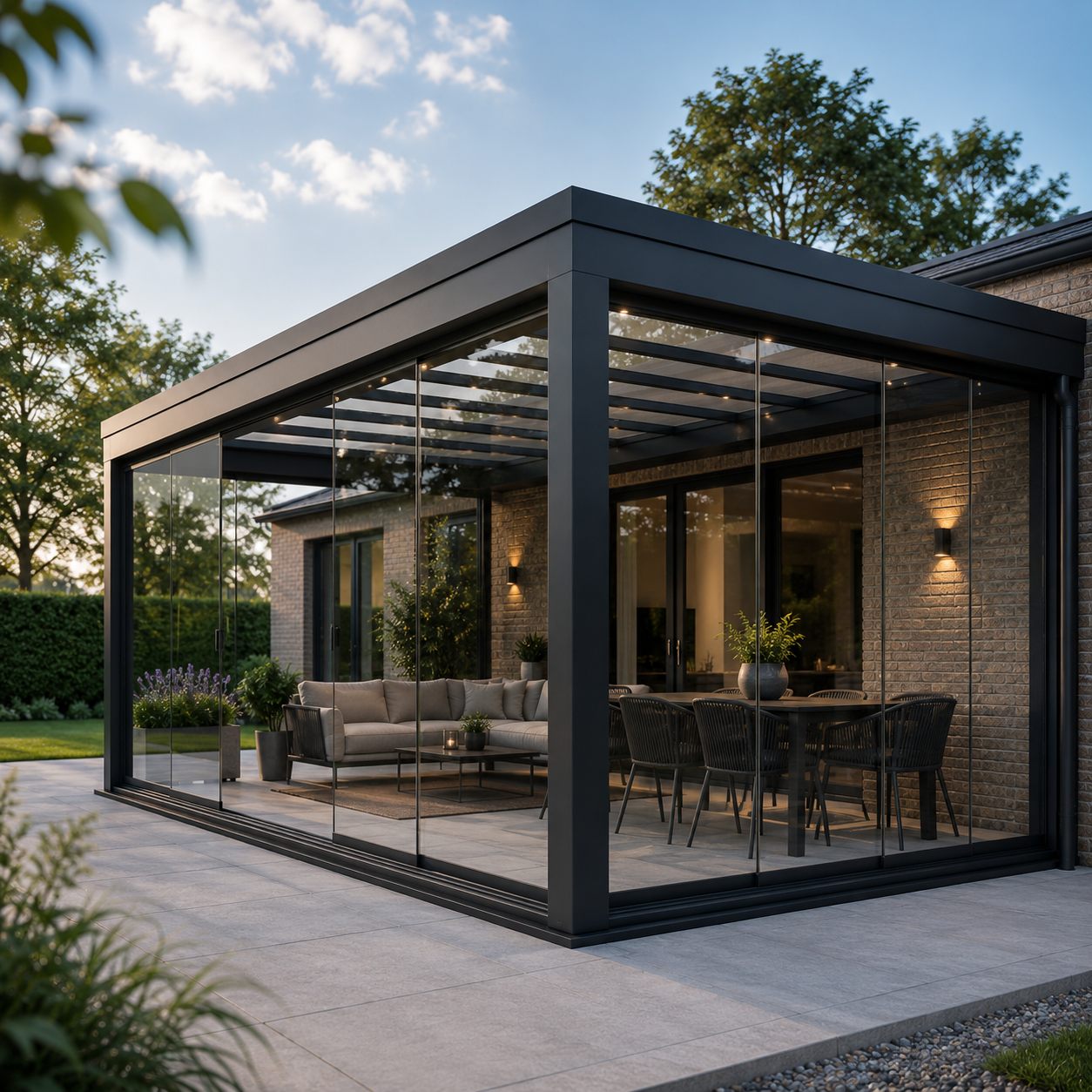 Moderne veranda met glazen wanden, binnen bank en eettafel met stoelen, tuin met planten en bomen op de achtergrond, avondlicht.