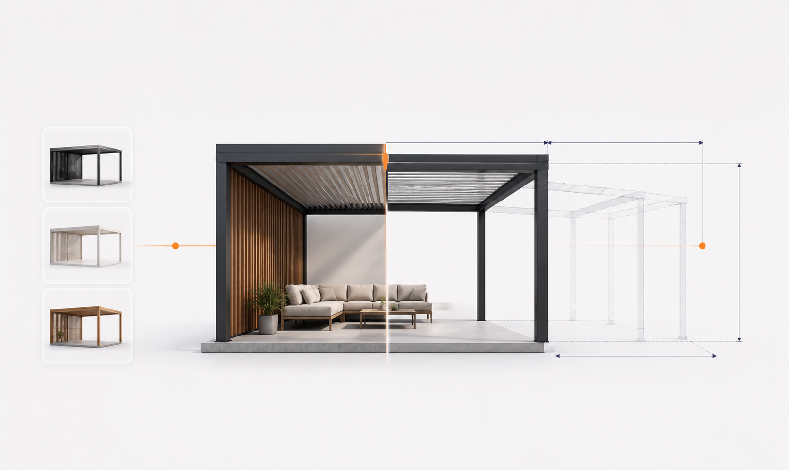 Ontwerptekening van een moderne expressieke tekening van een gemodificeerde open terras overkapping met een bankruimte, met links drie verschillende kleuropties voor de structuur.