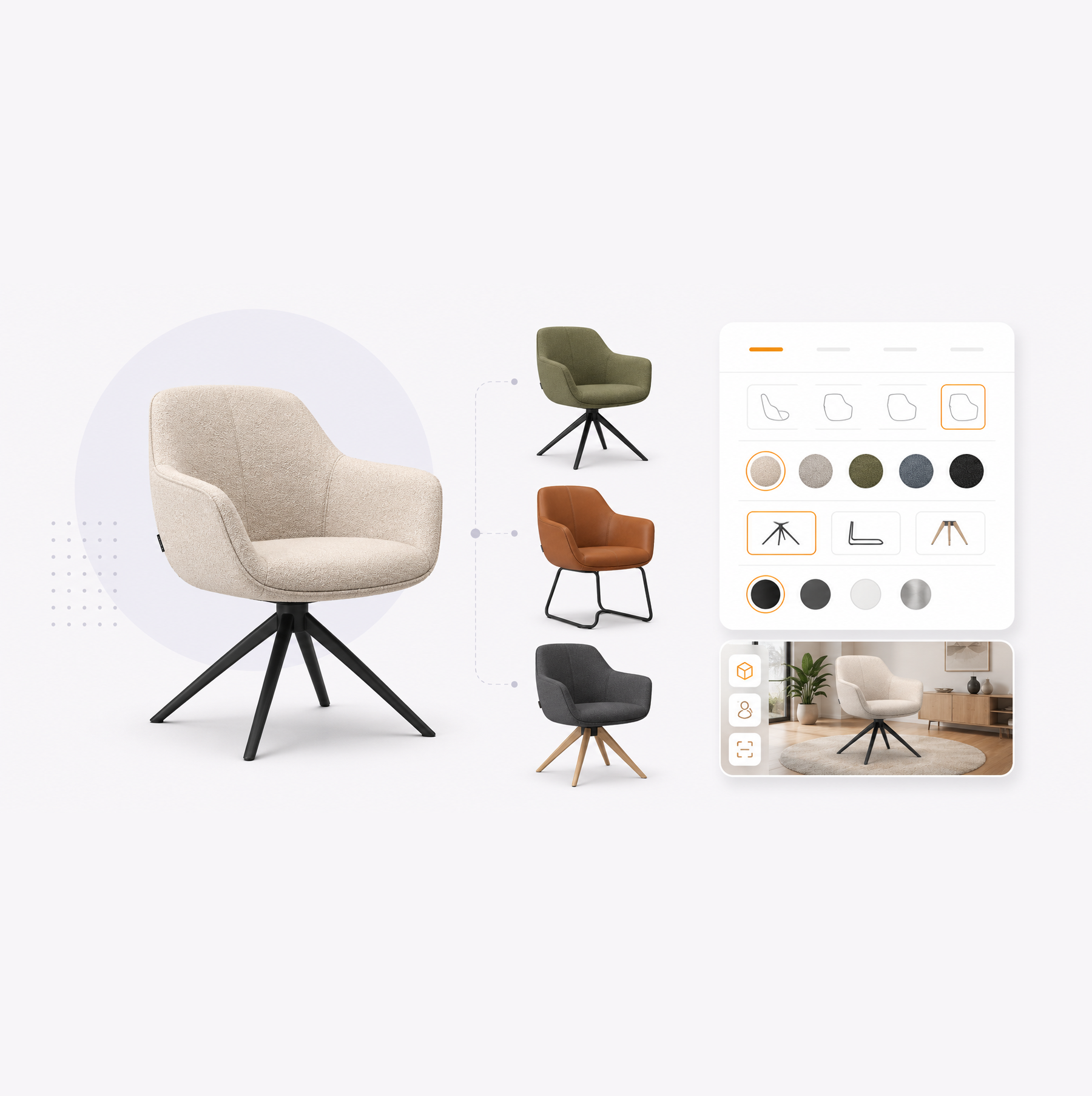Een online meubelconfigurator met verschillende stoelen en een selectieoptie voor kleuren, met een woonkamer op de achtergrond.
